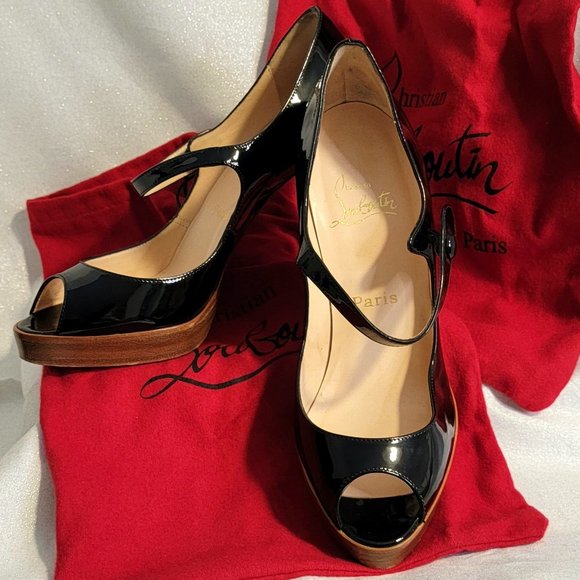 Christian Louboutin Shoes - CHRISTIAN LOUBOUTIN Black Patent Leather Zeppa Mary Jane Peep Toe Pumps  39